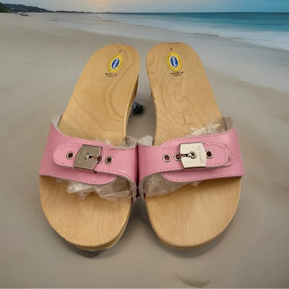 VTG New Original Dr. Scholls W Wooden Exercise Sandals Pink Made in Italy 7